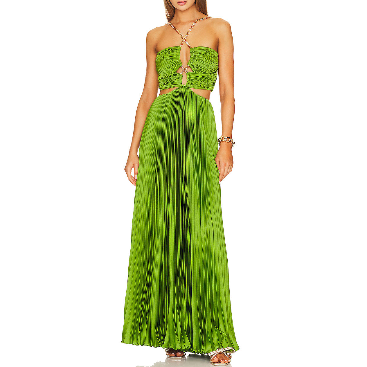 FASHION NEW STYLE CHAIN STRAPS LONG MAXI CUT-OUT EVENING COCKTAIL PLEATED SATIN GOWN GREEN DRESSES FOR WOMEN